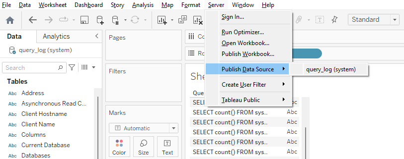 Tableau Desktop с меню Server, где выделена опция Publish Data Source